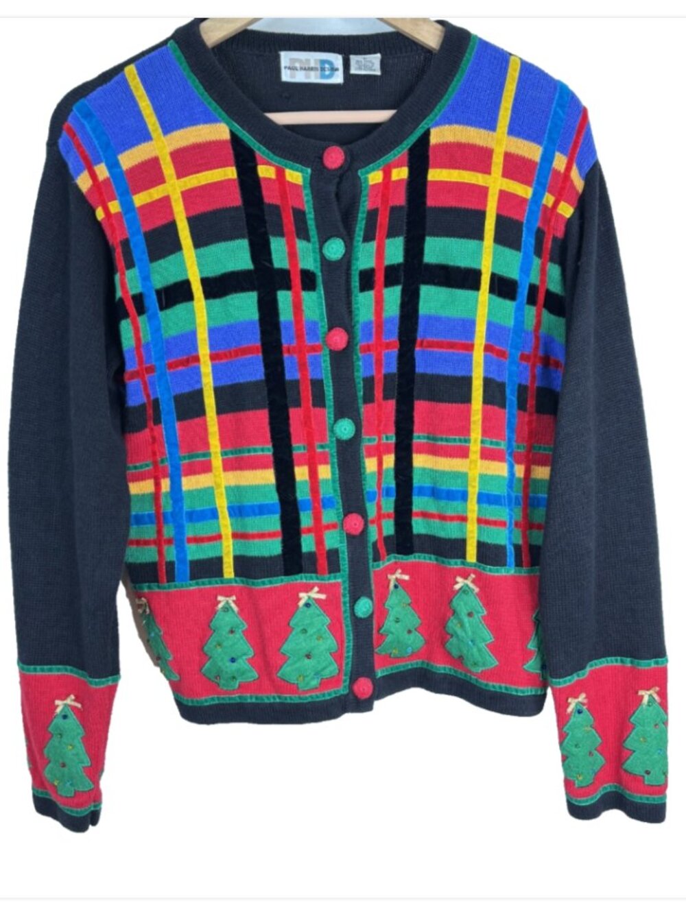 VTG 90s Plaid Christmas Cardigan M Black Beaded Velvet Paul Harris Holiday Ugly